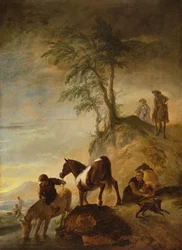 Reiter tränken ihre Pferde